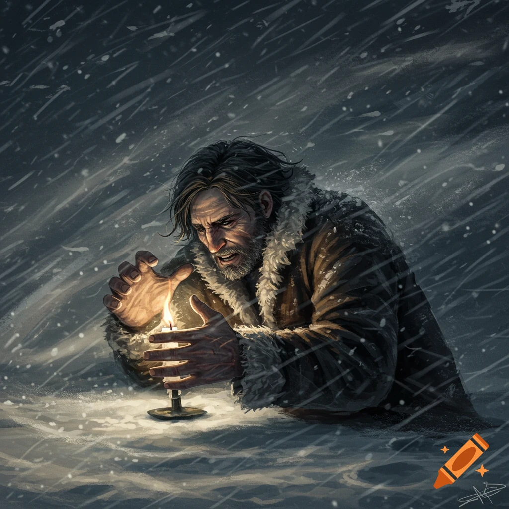 Illustration of a man covering a candle with his hands during a blizzard.