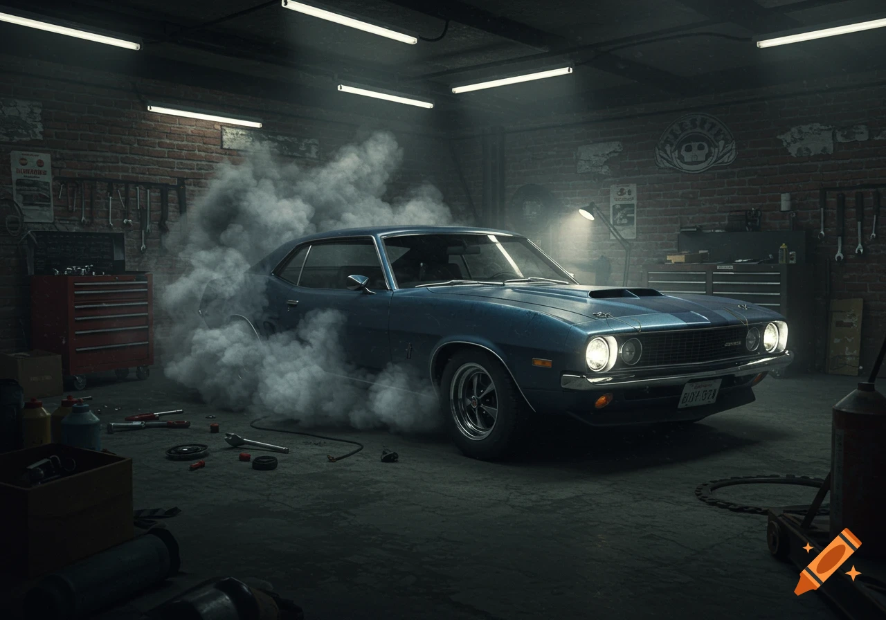 Blue muscle car sits in a smoky garage with tools scattered on the floor. Photorealistic style.