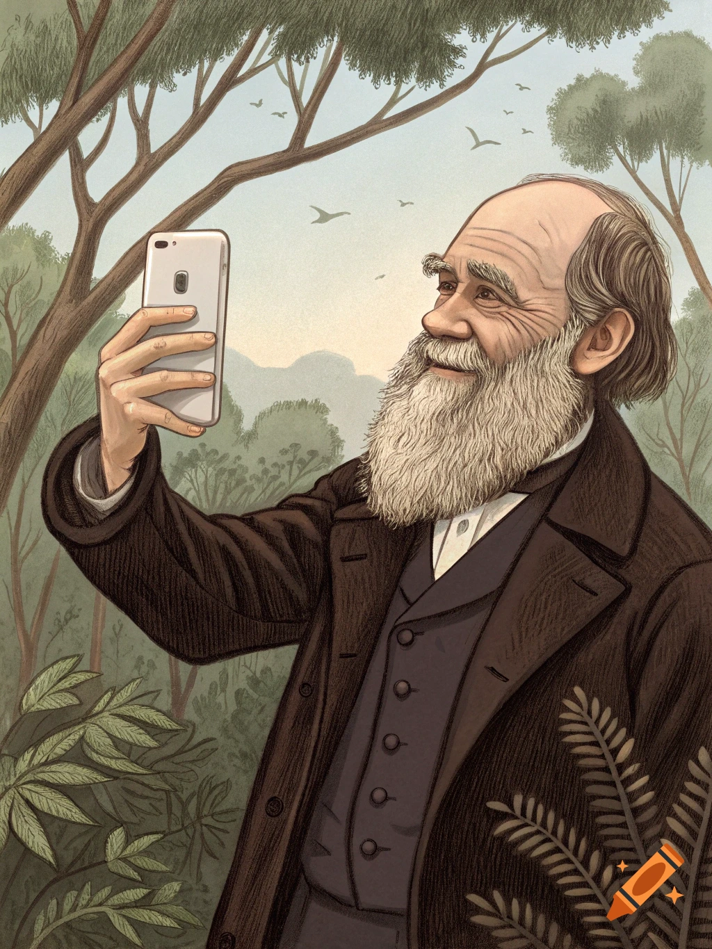 Illustration of Charles Darwin taking a selfie with a modern smartphone in a forest setting.