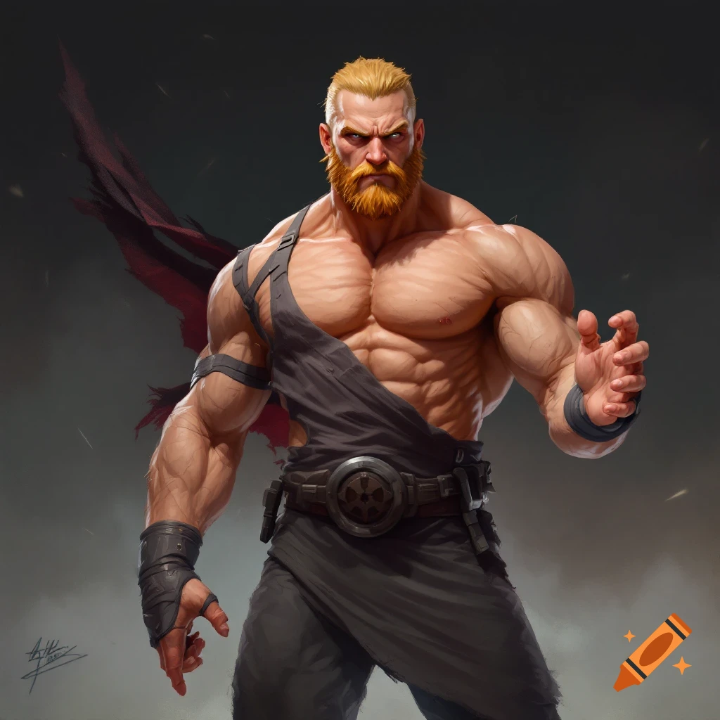 A highly muscular man with a blonde beard and torn clothing stands ready, rendered in a dynamic style.