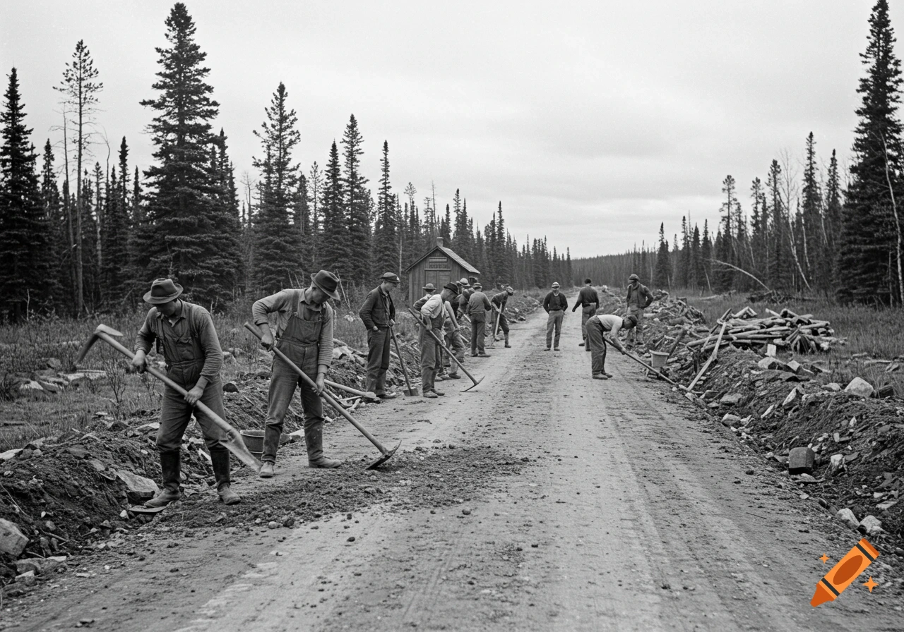 Men use shovels and hoes to build a dirt road in a rural forest setting, black and white photo.