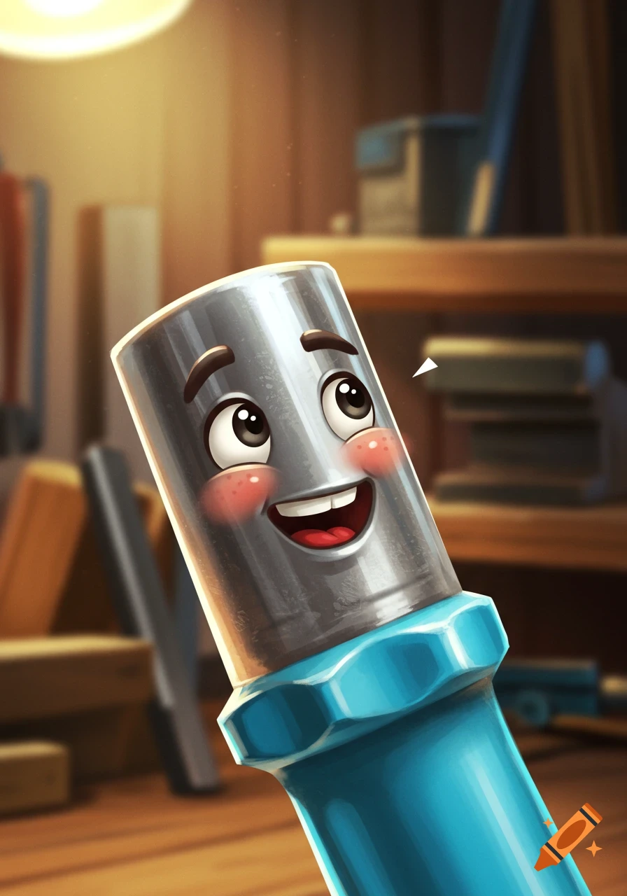 A cartoon screwdriver with a happy face in a workshop.