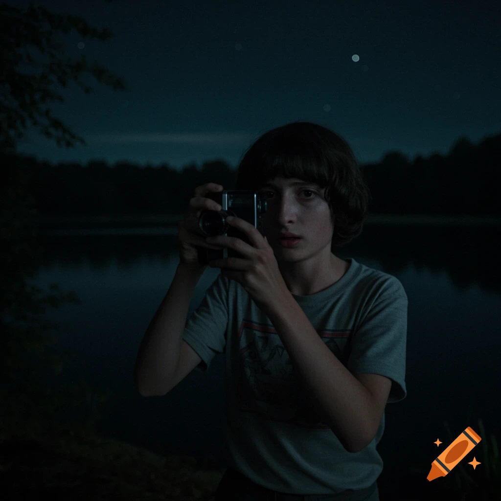 A young boy holding a camera at night by a lake.