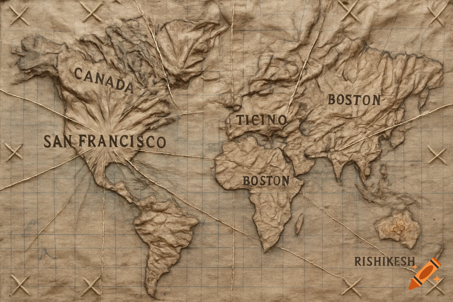 Vintage, wrinkled world map with locations labeled