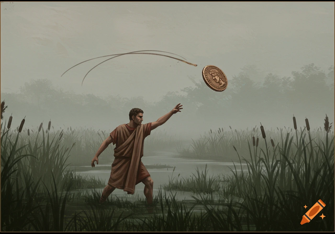 Ancient Roman man throws a coin into a foggy marsh.