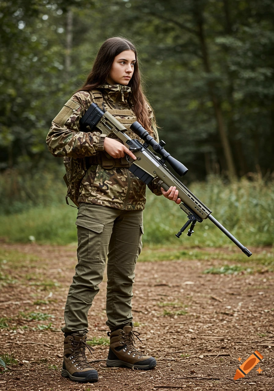 A girl in camouflage holds a sniper rifle in a forest.