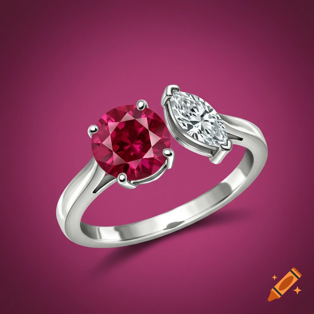 Silver ring with a round ruby and a marquise diamond on a pink background.
