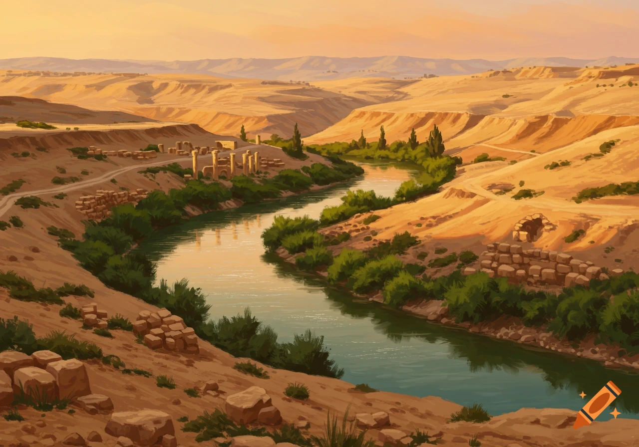 Illustrated desert landscape with a winding river, ruins, and vegetation under a warm sky.