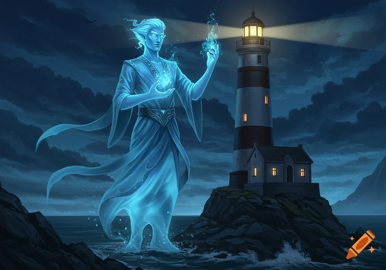 A blue spirit stands by a lighthouse on a rocky coast at night.