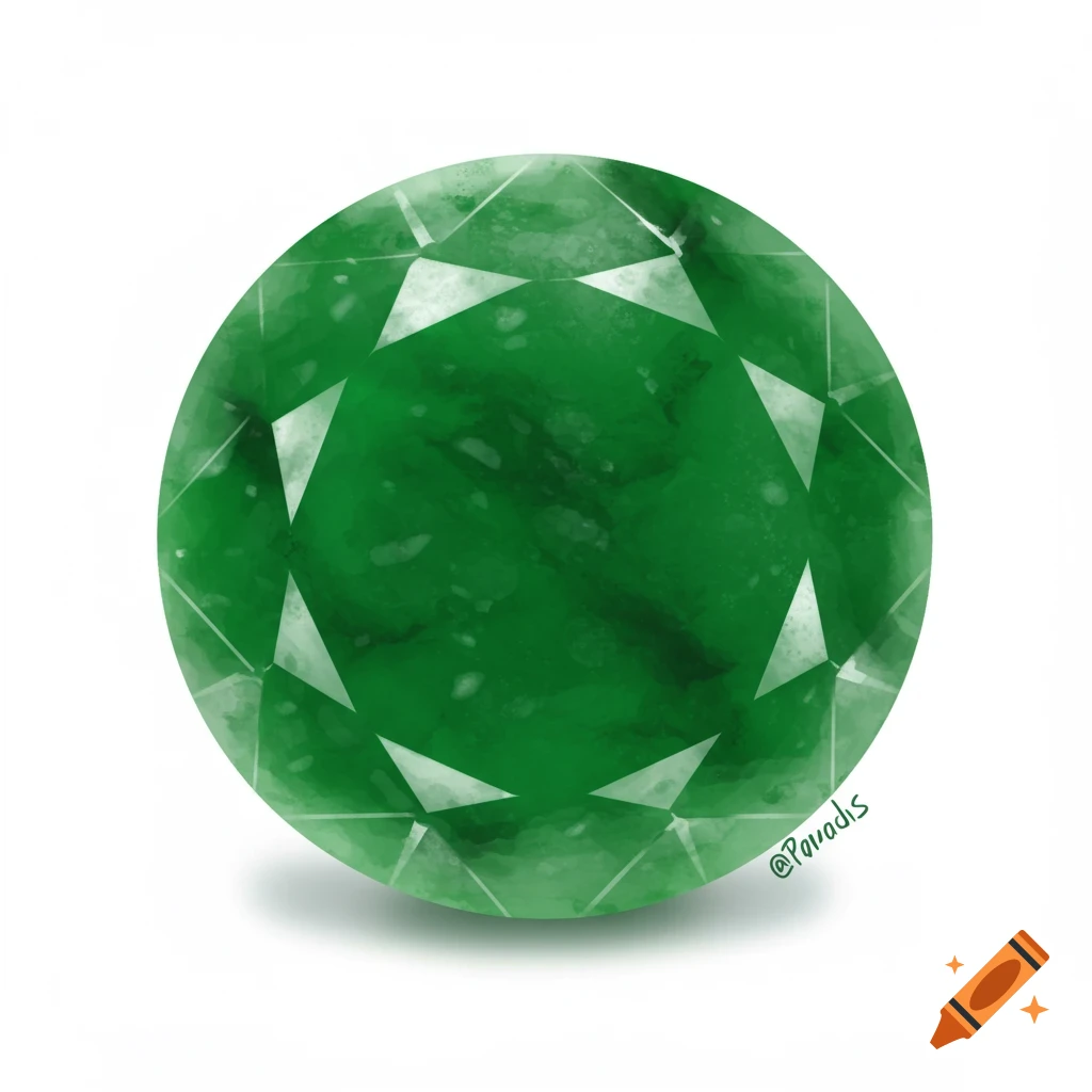 A round green gemstone with facets on a white background