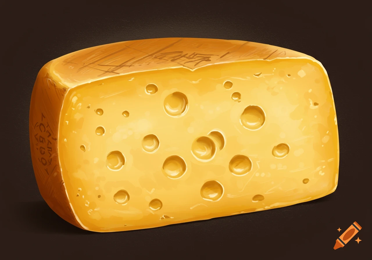 A block of yellow cheese with holes, rendered as an illustration.