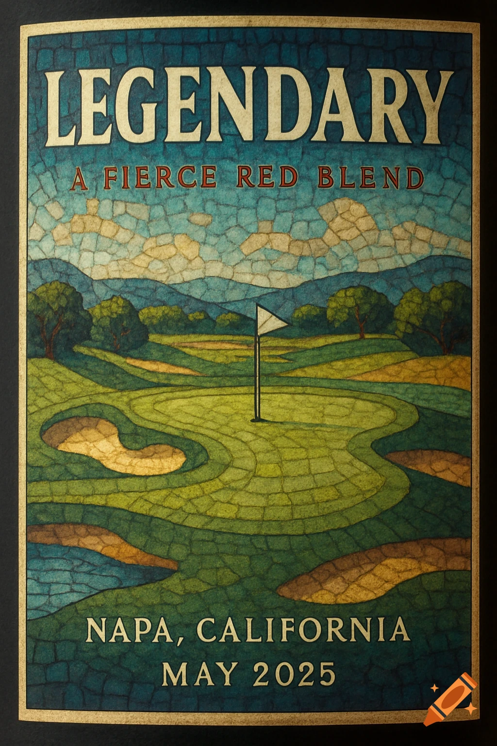A wine label with a mosaic illustration of a golf course. Text reads: Legendary A Fierce Red Blend Napa, California May 2025.