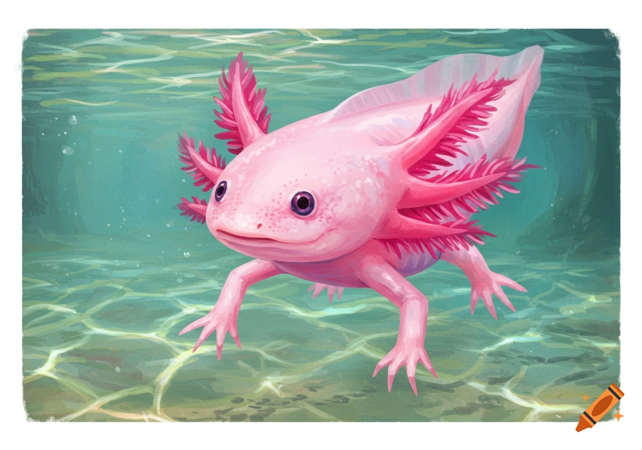 A pink axolotl swims underwater, depicted in an oil painting style.