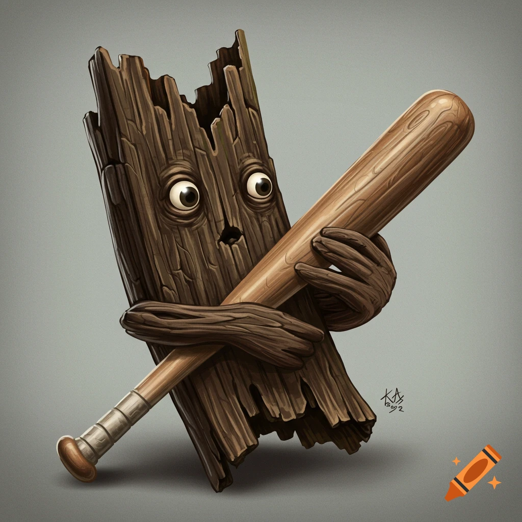 Cartoon character made of wood holding a baseball bat.
