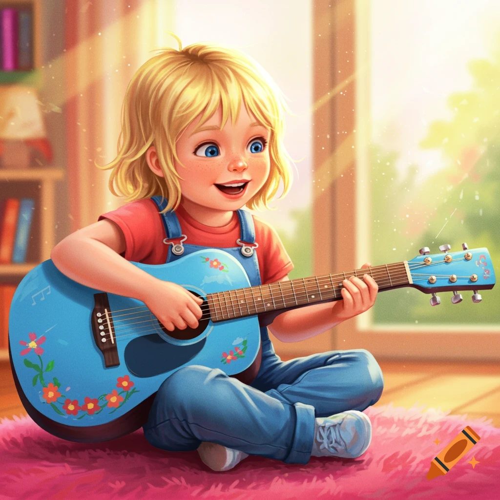 Illustration of a happy child playing a blue guitar