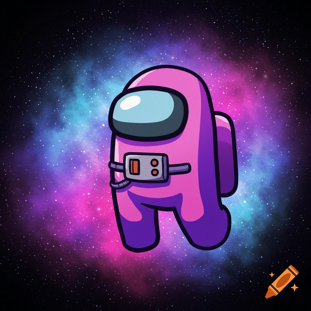 Pink Among Us character floating in a galaxy background.