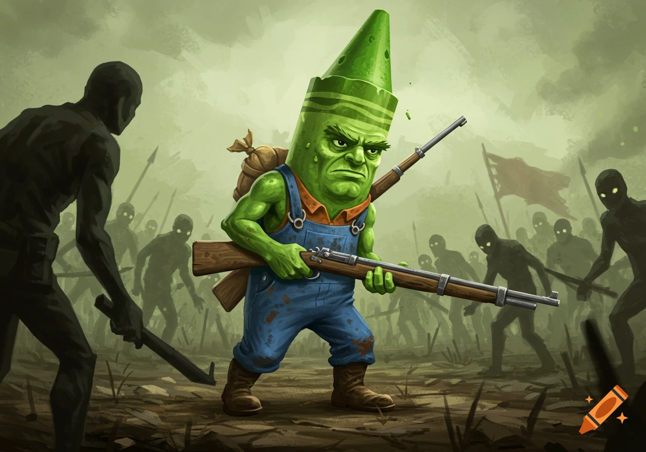 A muscular green crayon wearing overalls fights zombie-like figures with a rifle in a war scene.