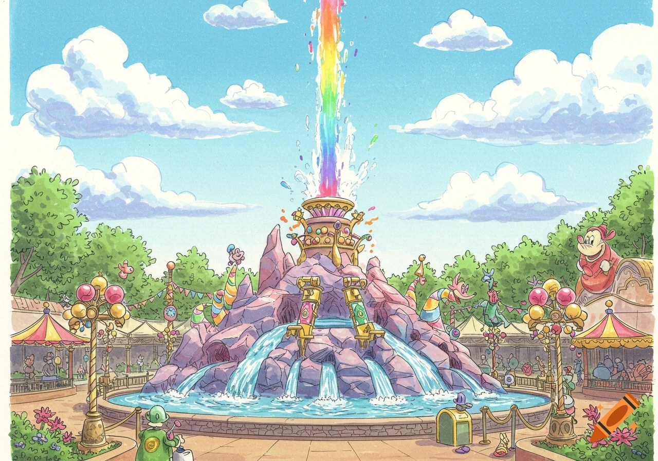 Cartoon concept art of a colorful fountain shooting a rainbow geyser in a cheerful theme park with tents and trees.
