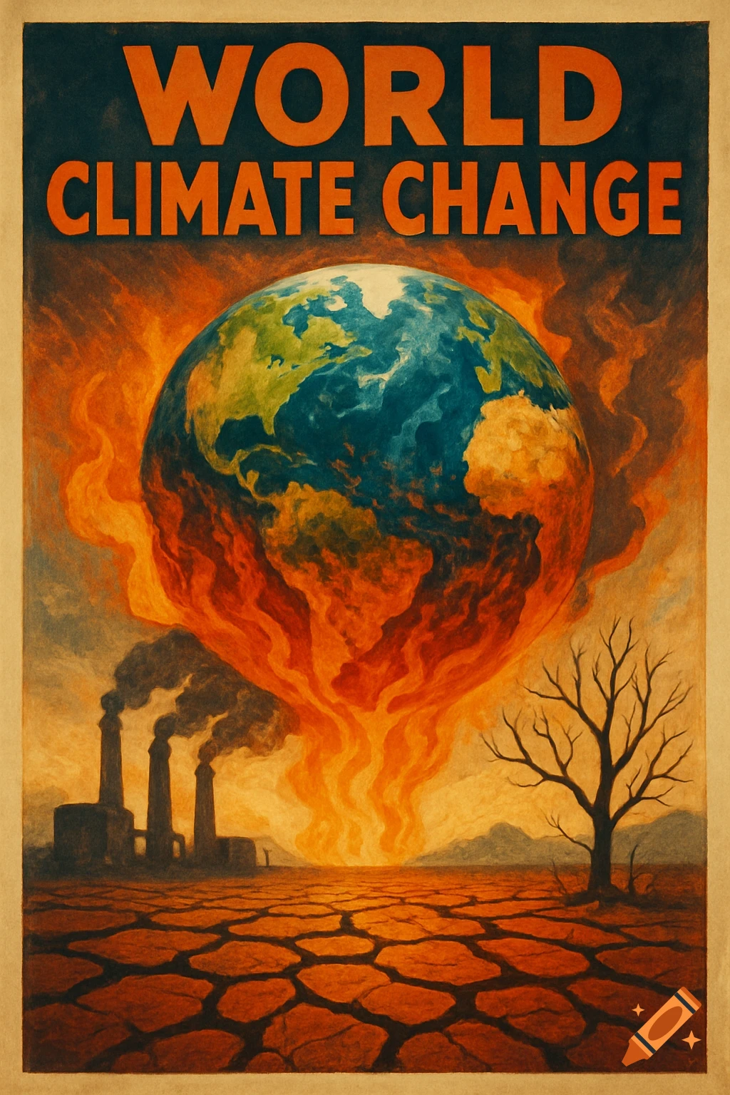 Poster art depicting Earth burning above industrial smokestacks and cracked ground, with text WORLD CLIMATE CHANGE.