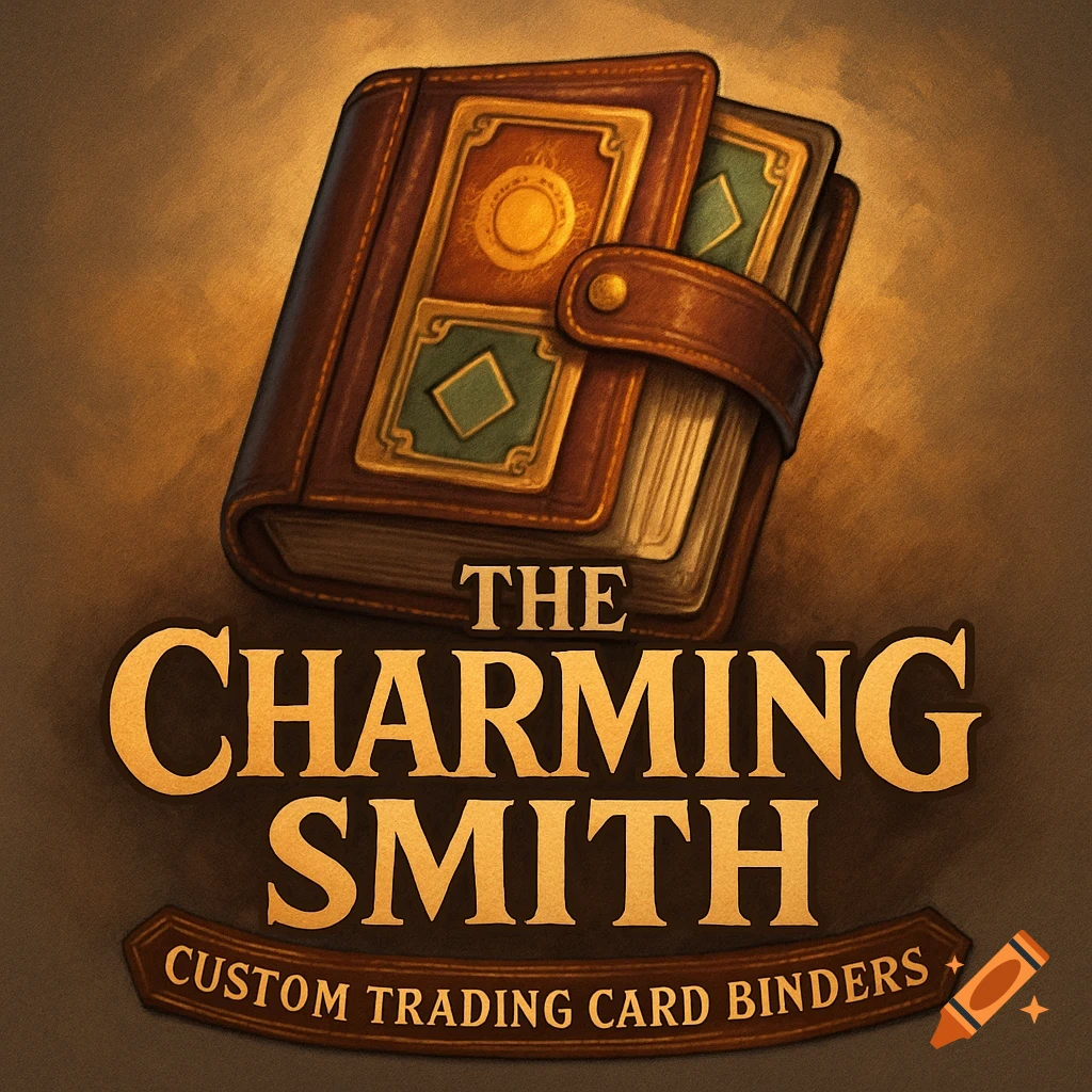 Illustration of a leather trading card binder with ornate cards and the text 'The Charming Smith Custom Trading Card Binders'