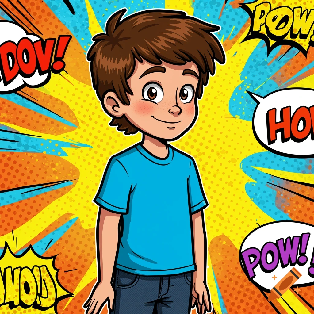 Cartoon boy with brown hair in a comic style with speech bubbles.