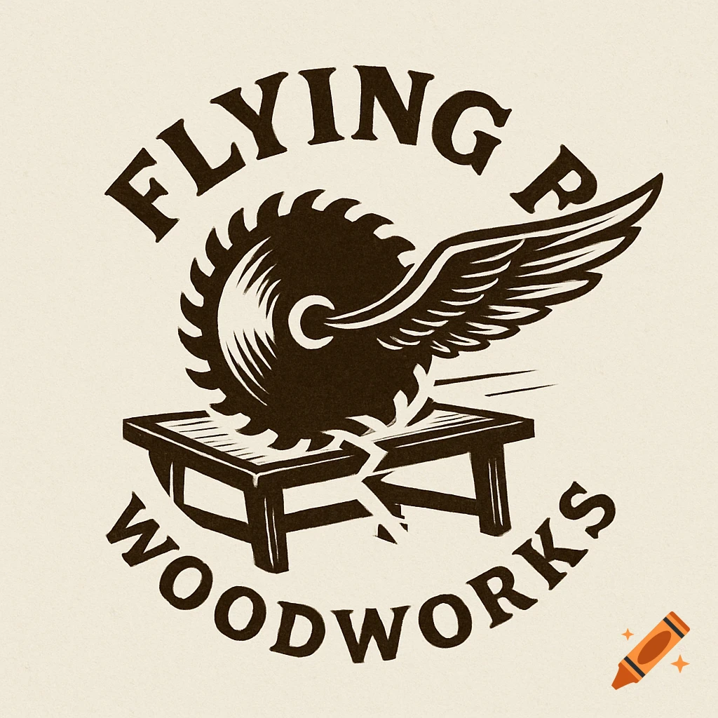 Logo with a winged saw blade flying over a broken table, with the text FLYING B WOODWORKS