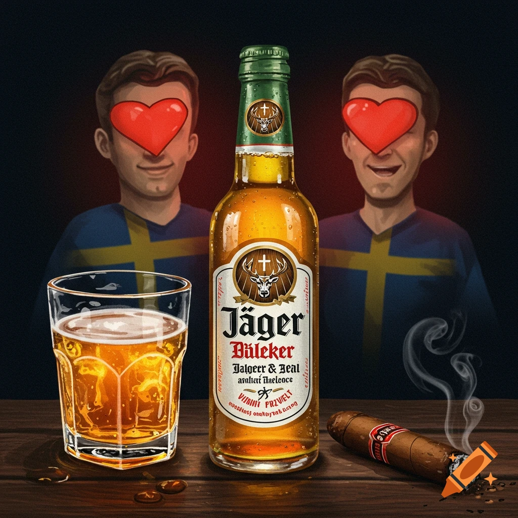 A bottle of Jager, a glass, and a smoking cigar on a table, with two figures in Swedish flag shirts in the background.