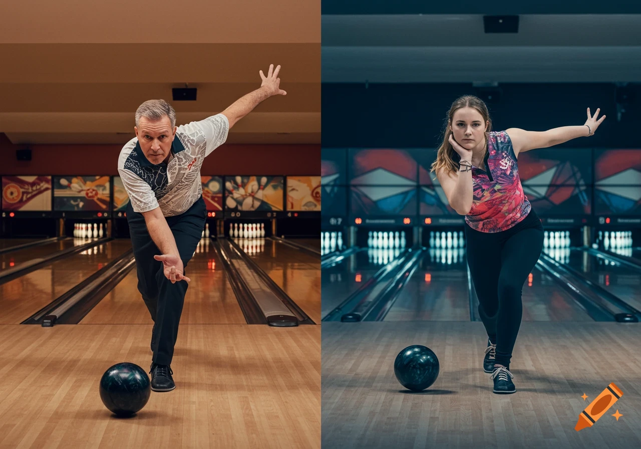 Composite image of a man and a woman bowling in separate alleys.