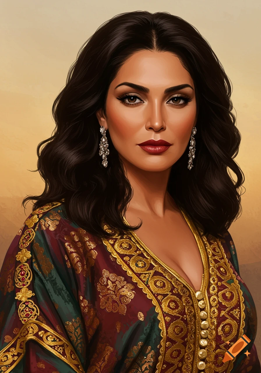 Portrait of a Middle Eastern woman in traditional clothing with gold embroidery.