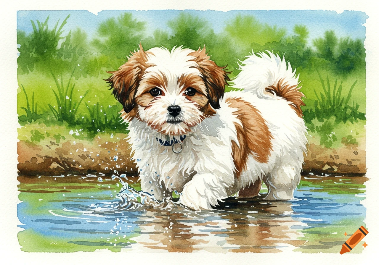 Watercolor painting of a fluffy brown and white puppy splashing in shallow water outdoors.