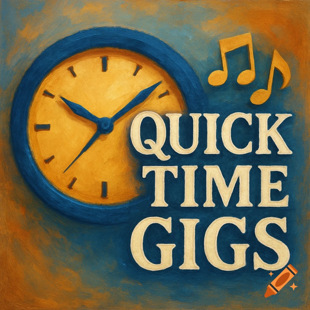 Logo with a clock, musical notes, and the text QUICK TIME GIGS in a painted style.