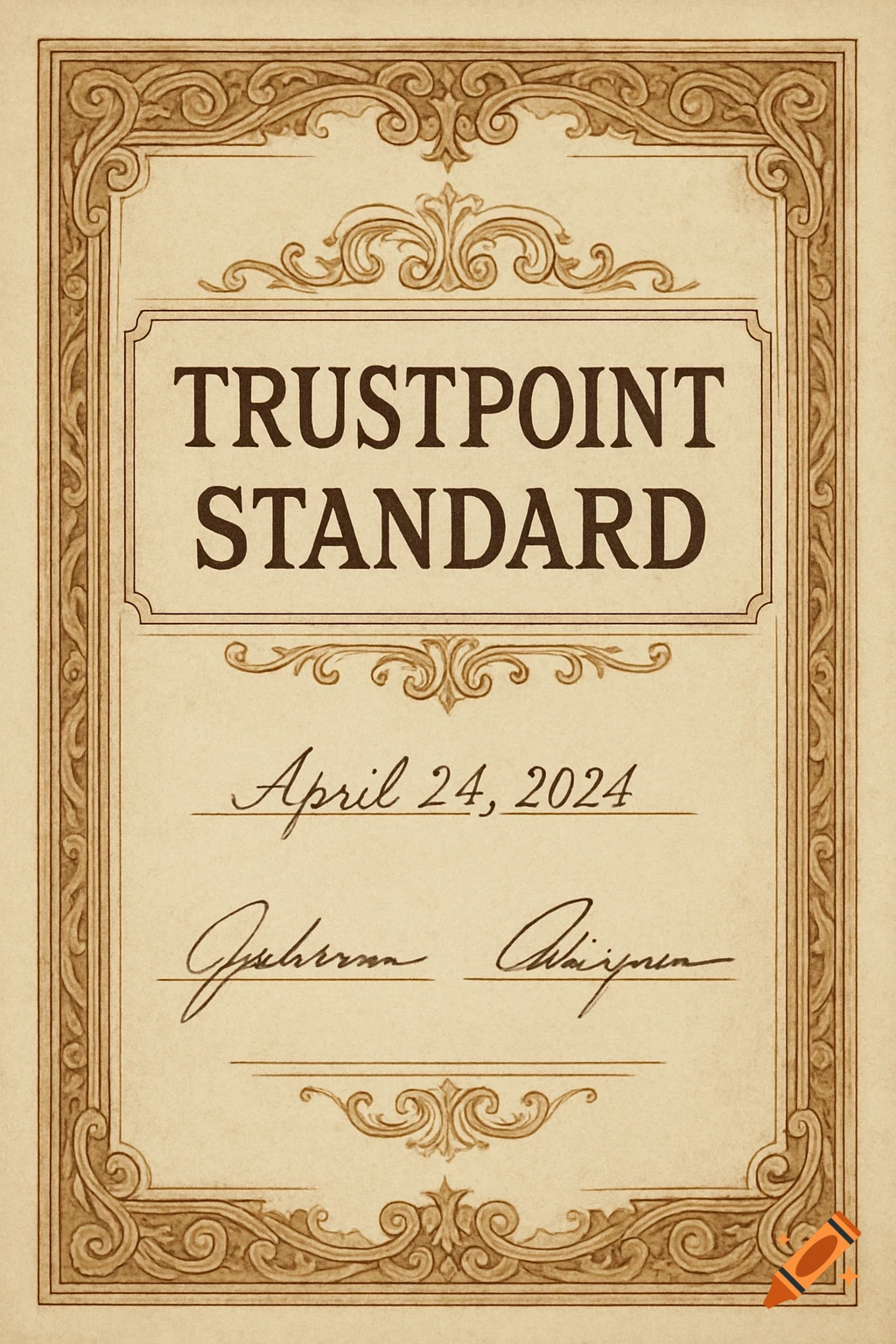 A formal certificate document with ornate borders, title text 'Trustpoint Standard', a date, and signatures.