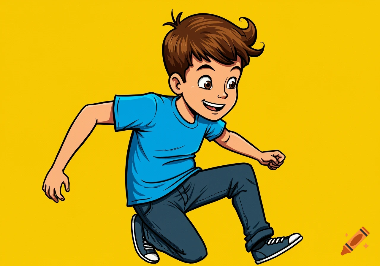A cartoon illustration of a boy with brown hair and bangs wearing a blue t-shirt and jeans, jumping or running with a yellow background.