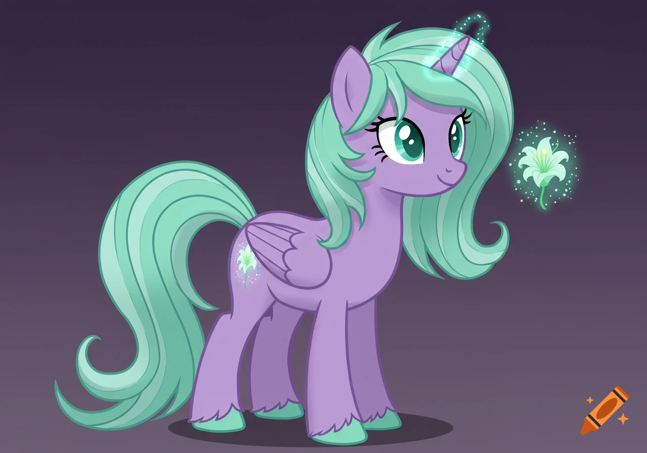A cartoon alicorn pony with a lavender coat, mint-green mane, unicorn horn, wings, and a glowing lily cutie mark.