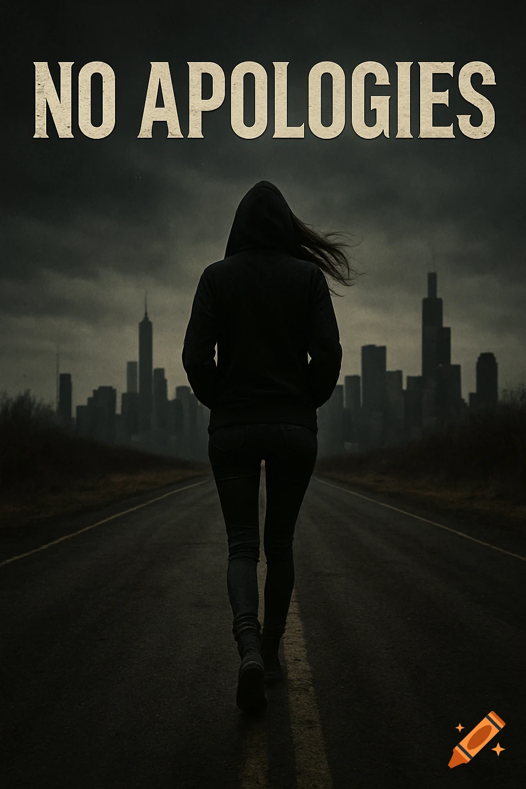 Figure in hoodie walks on road toward city under 'NO APOLOGIES' text.