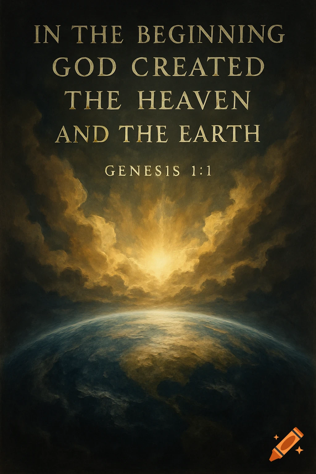 Dramatic view of Earth from space with clouds and sunlight, overlaid with Genesis 1:1 bible verse.