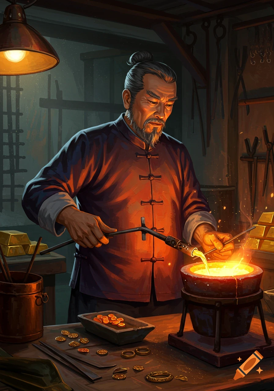 Chinese man melts gold in a workshop, surrounded by gold bars and coins. Digital painting.