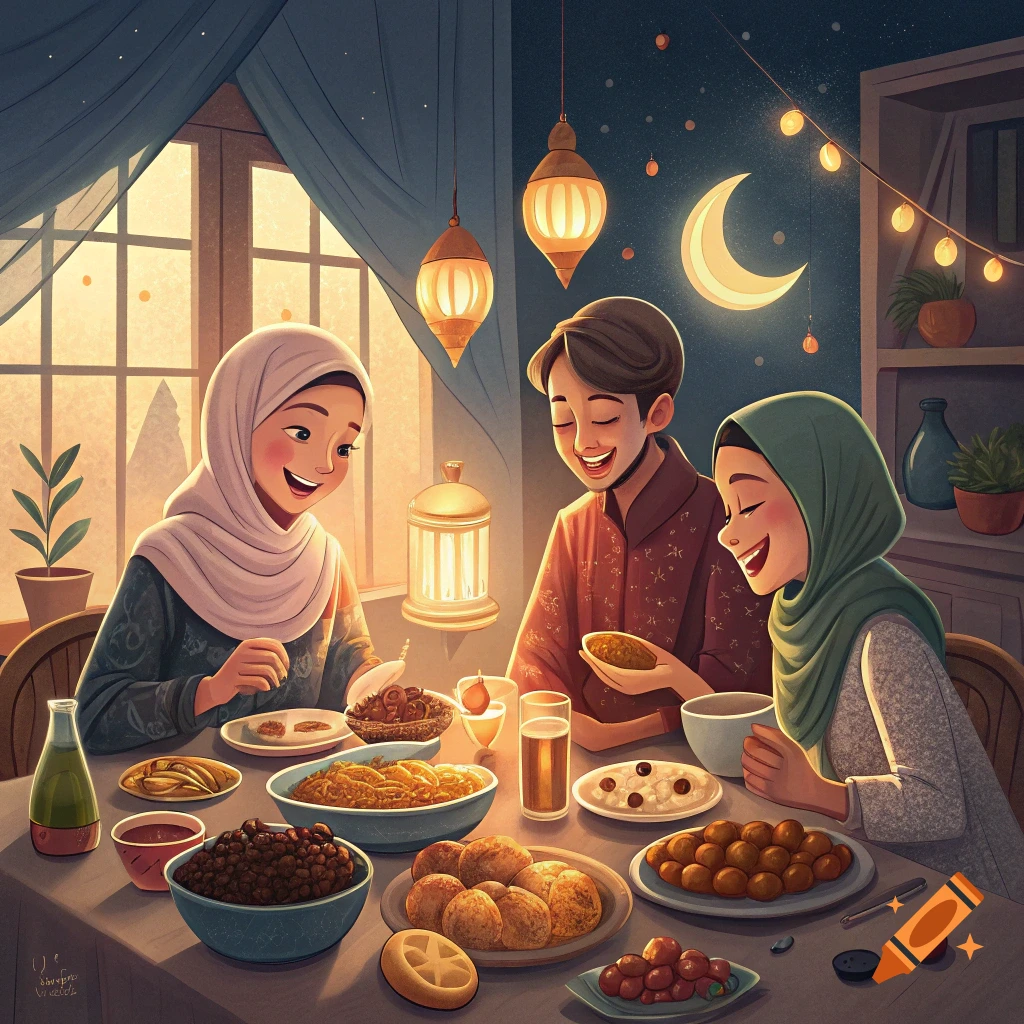 Illustration of a family sharing a meal at a table with lanterns and a crescent moon