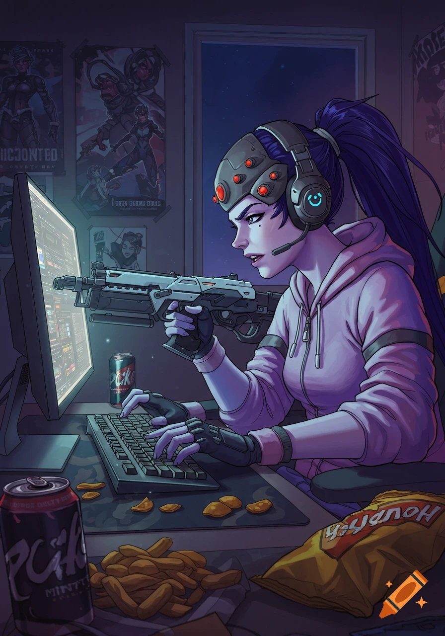 Illustration of a character resembling Overwatch's Widowmaker gaming at a computer with snacks.