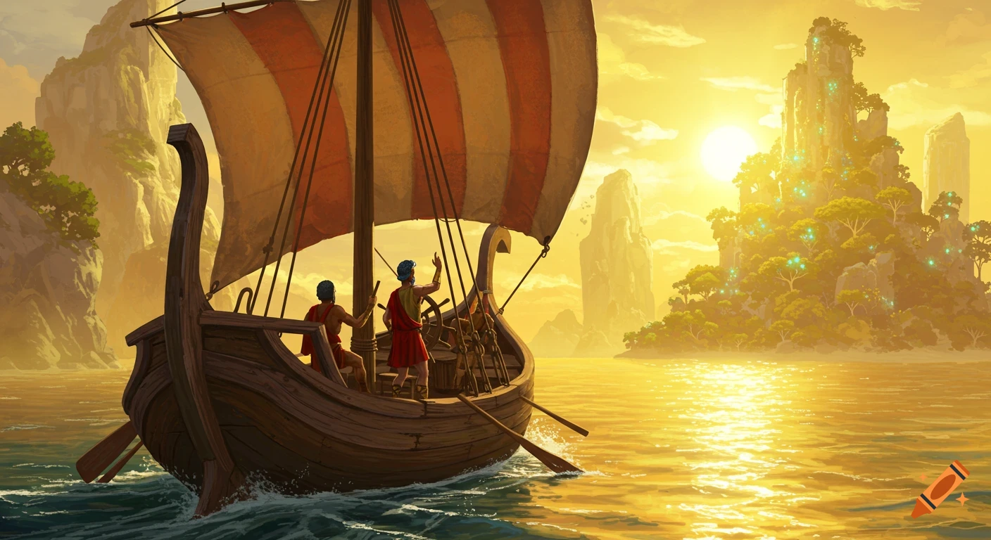 A ship sails towards a glowing island at sunset.