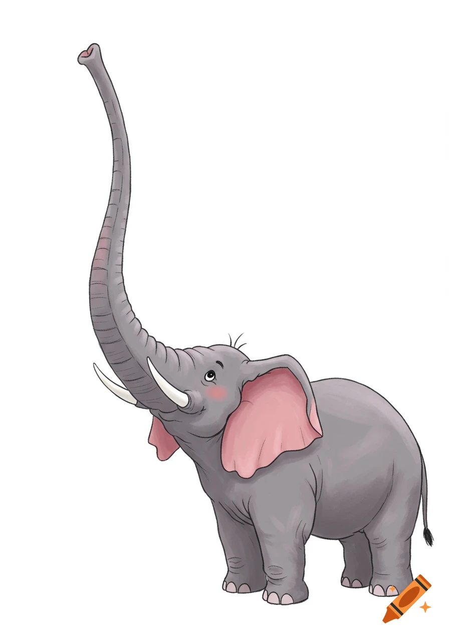 Clipart illustration of an elephant with an unusually long trunk reaching upwards.
