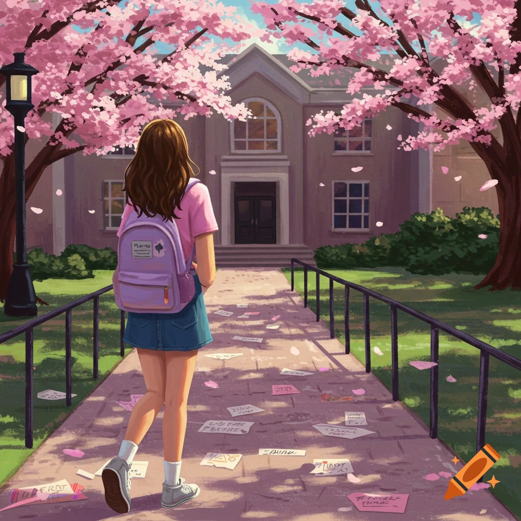 An illustrated scene of a student with a backpack walking on a path towards a school building under cherry blossoms. Papers are scattered on the ground.