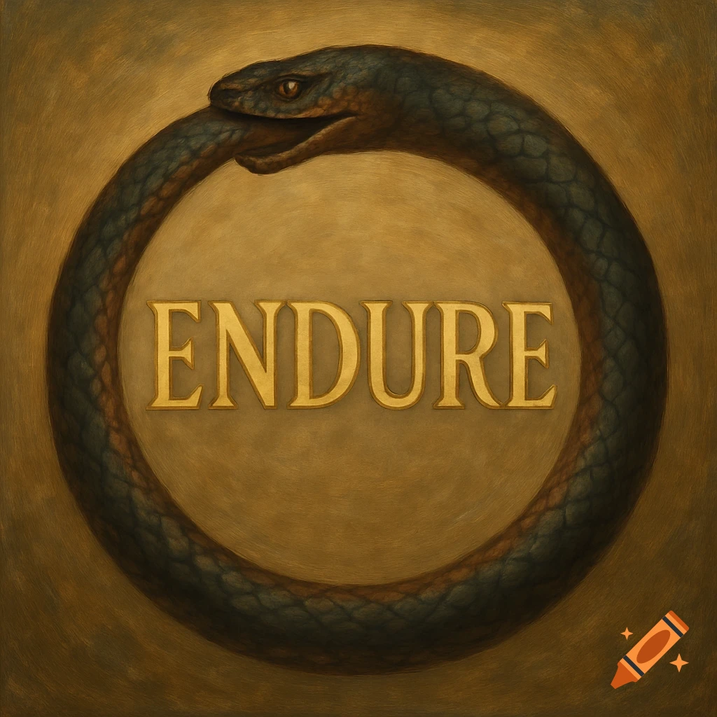 Ouroboros snake encircling the word 'ENDURE' in a painted style.