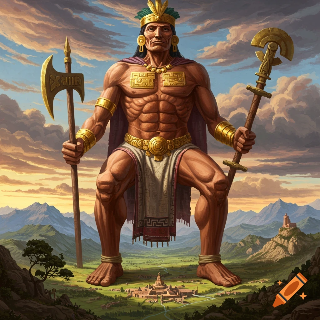 A giant muscular figure in ancient Incan clothing stands over a valley landscape, holding an axe and staff.