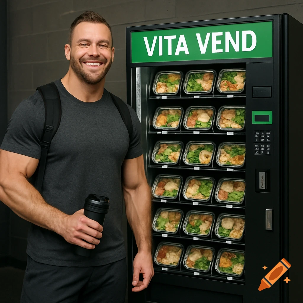 A man smiles next to a vending machine selling healthy meals, labeled 'VITA VEND'.
