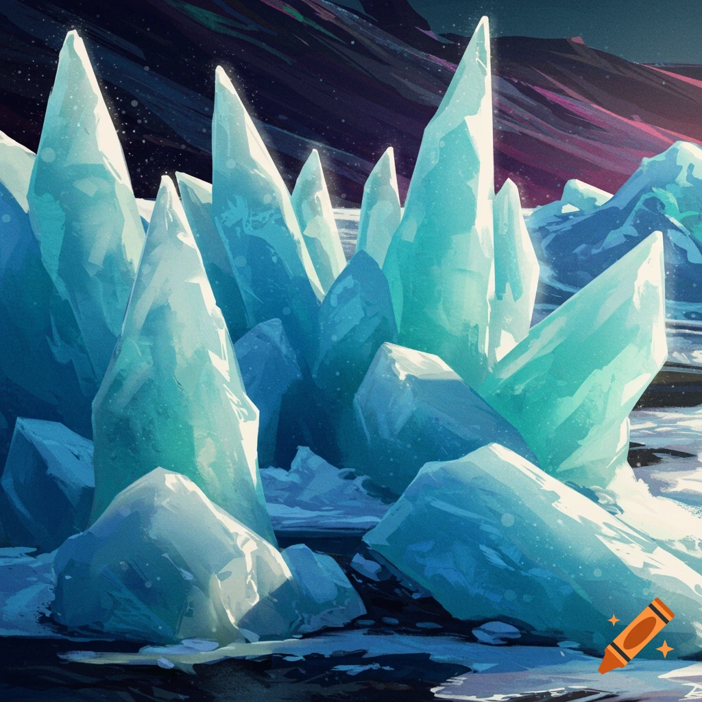 Stylized illustration of sharp blue ice crystals in a snowy landscape under a dark, colorful sky.