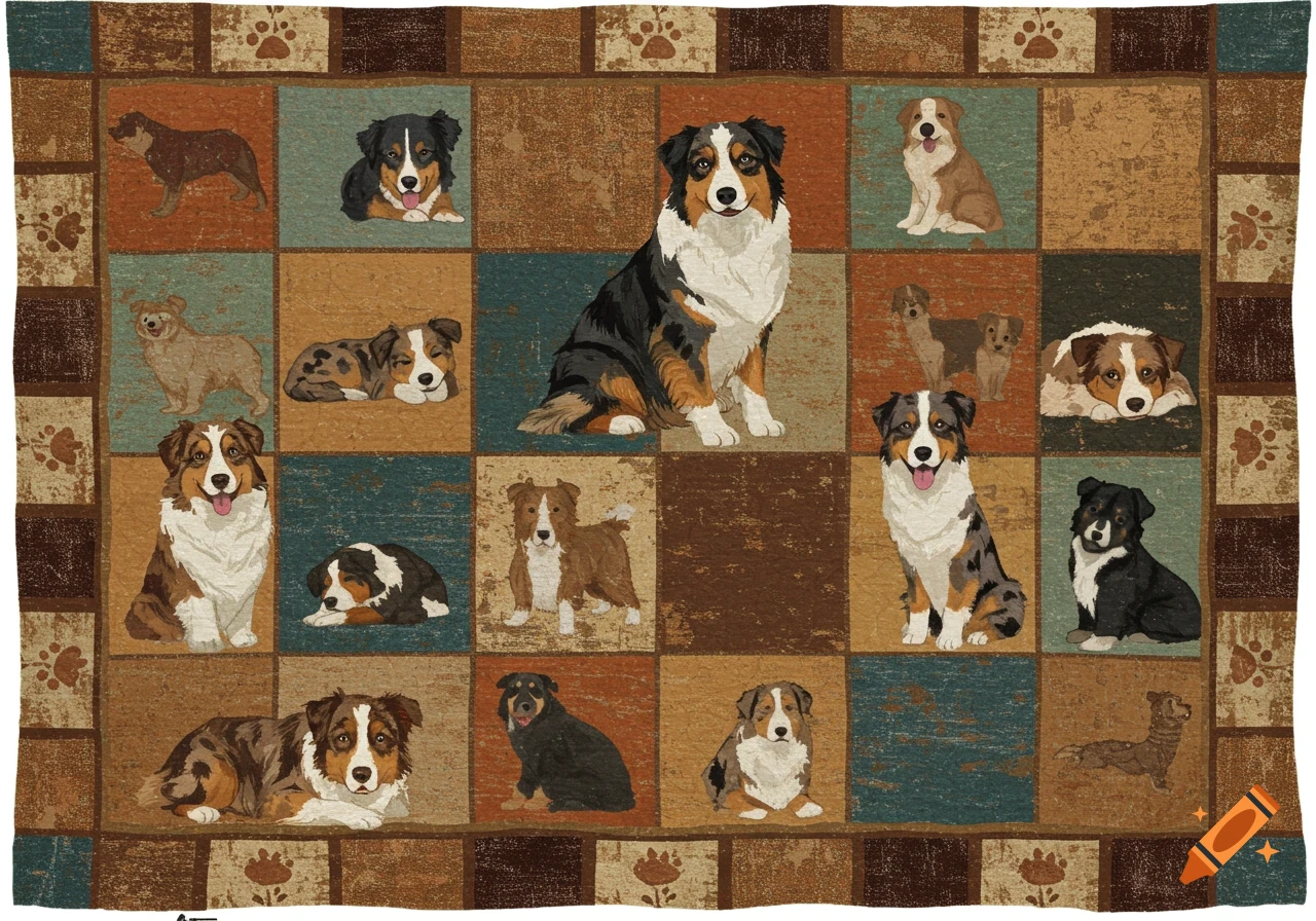 A rustic quilt pattern featuring multiple illustrations of Australian Shepherds in different poses.