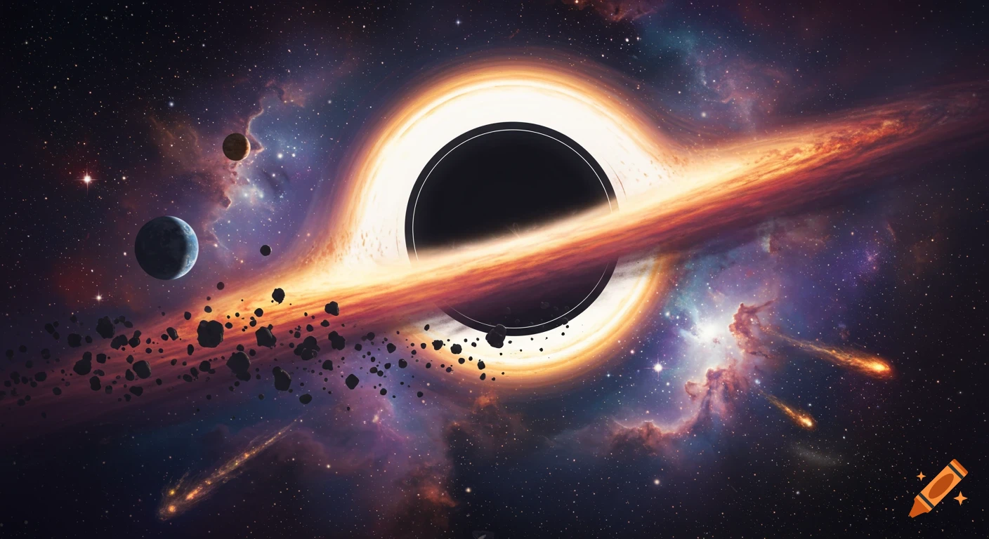 A black hole with a luminous accretion disk pulling in planets and asteroids against a colorful nebula background.
