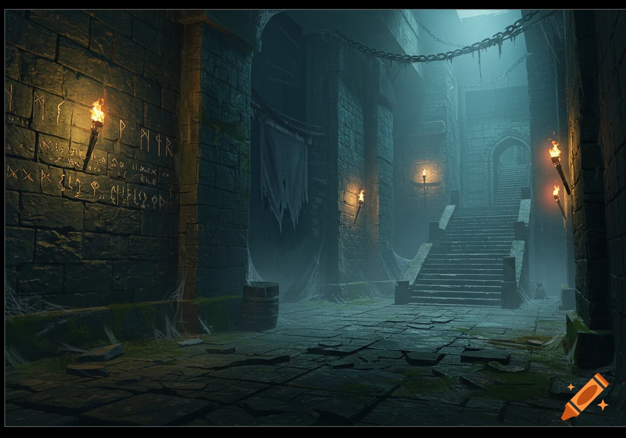 Fantasy dungeon interior with stairs, torches, and runes