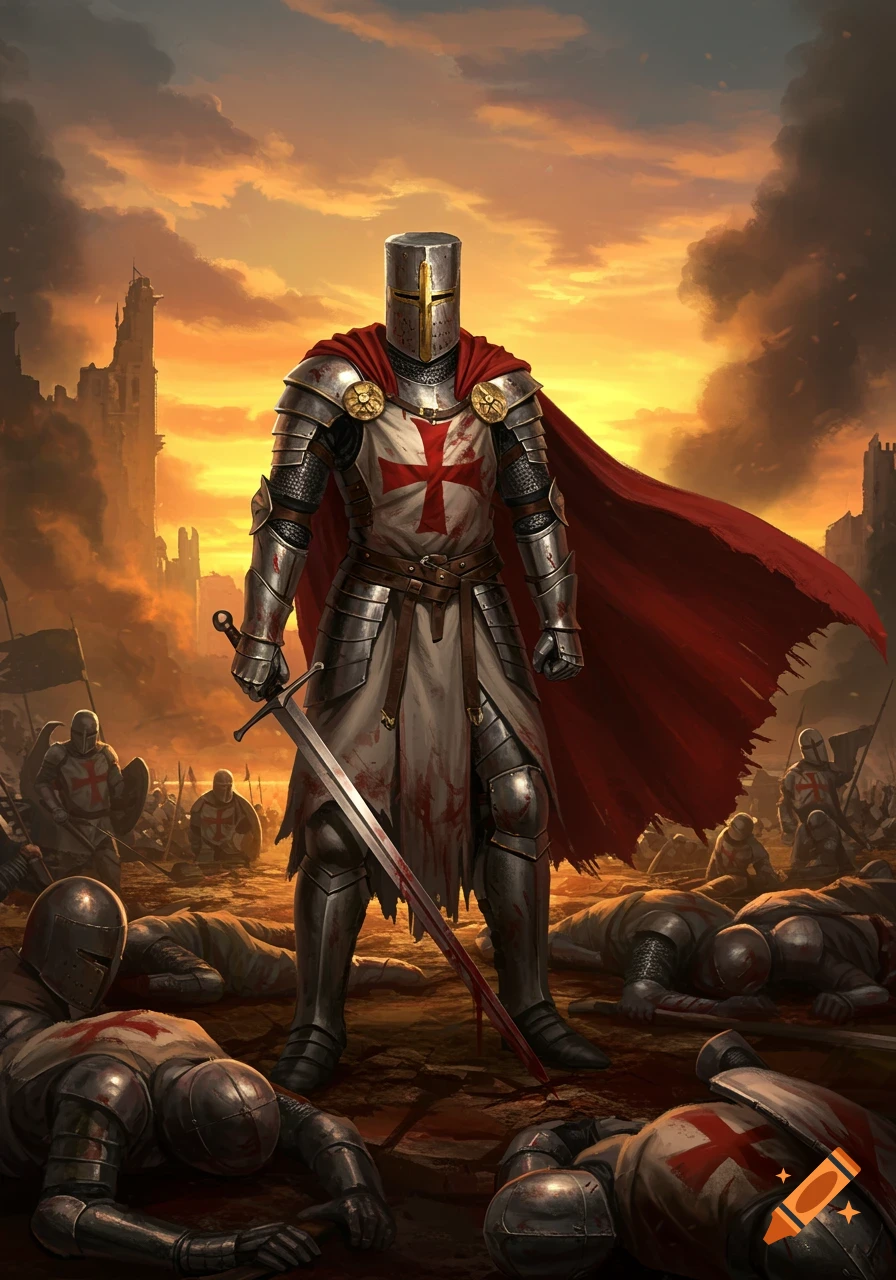 A crusader knight in full armor stands on a battlefield among fallen enemies, holding a sword under a dramatic sunset sky.